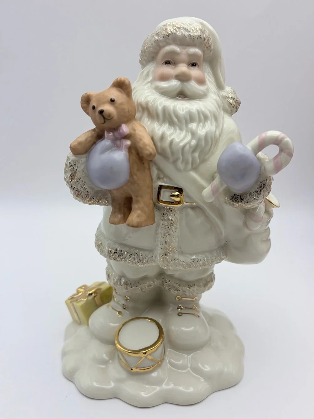 Lenox Santa Figurine, Violet/Gold Trim, Sack of Toys, Teddy Bear, Drum. So cute!